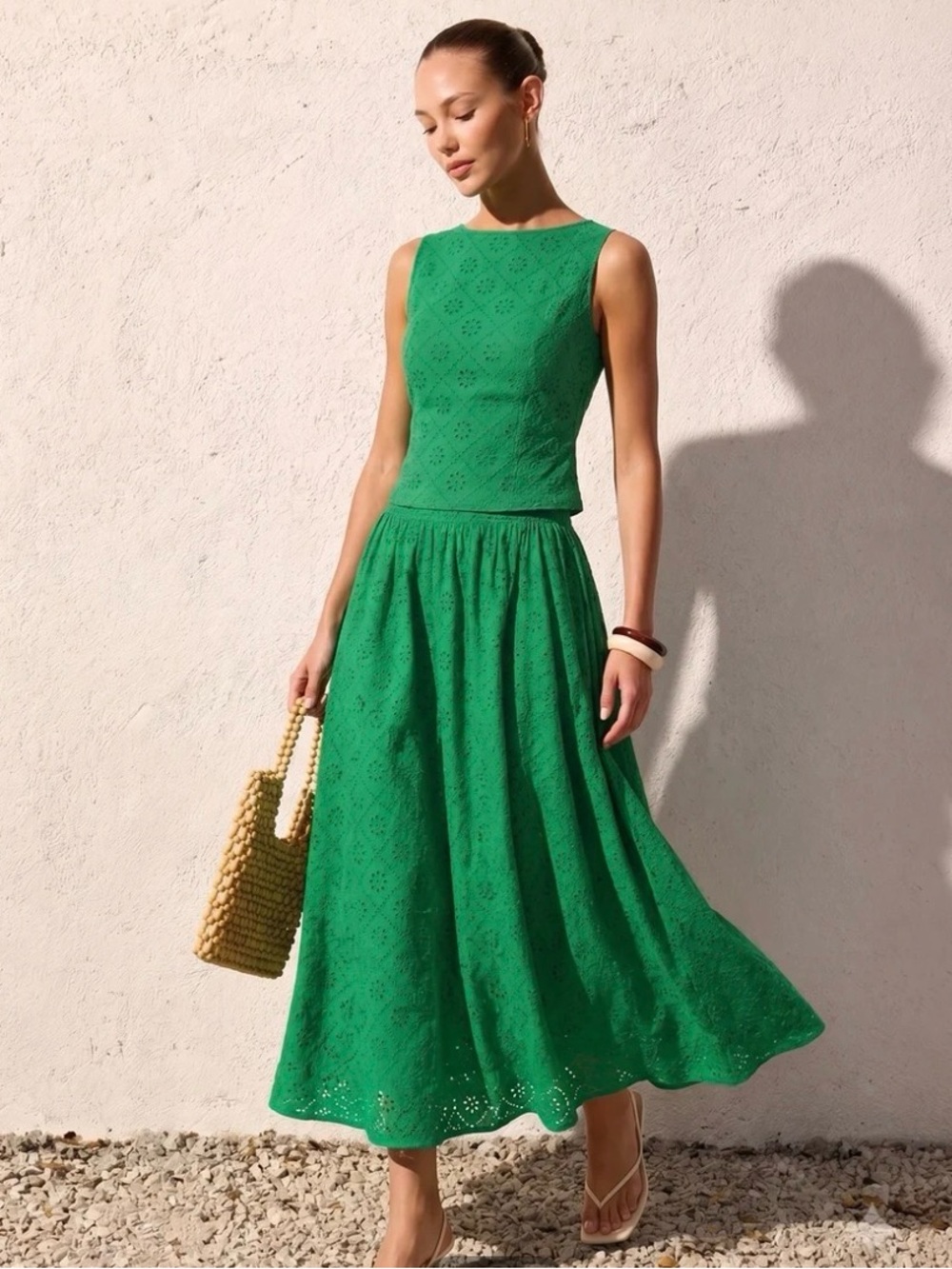 Commense 100% Cotton Green Eyelet Two-Piece Sleeveless Top and Midi Skirt Set 6